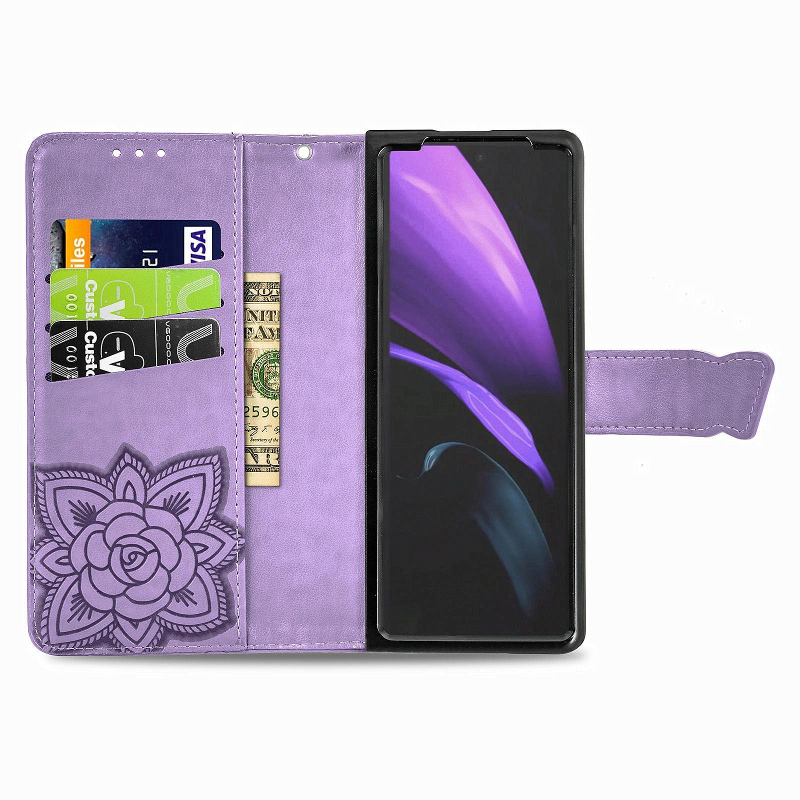 For Samsung Galaxy Z Fold4 5G Embossed Butterfly Love Leather Case - Flower Design - Rose Gold