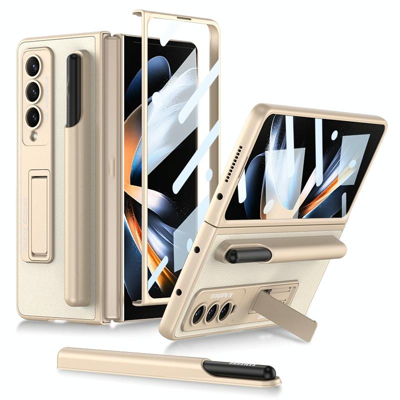 For Samsung Galaxy Z Fold4 5G Leather Case With Holder & Pen Slots - Thin & Shockproof - Silver