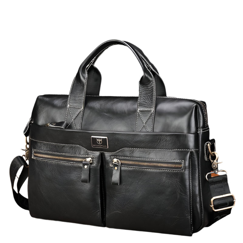 Large Capacity Retro Cowhide Briefcase - Black Metal