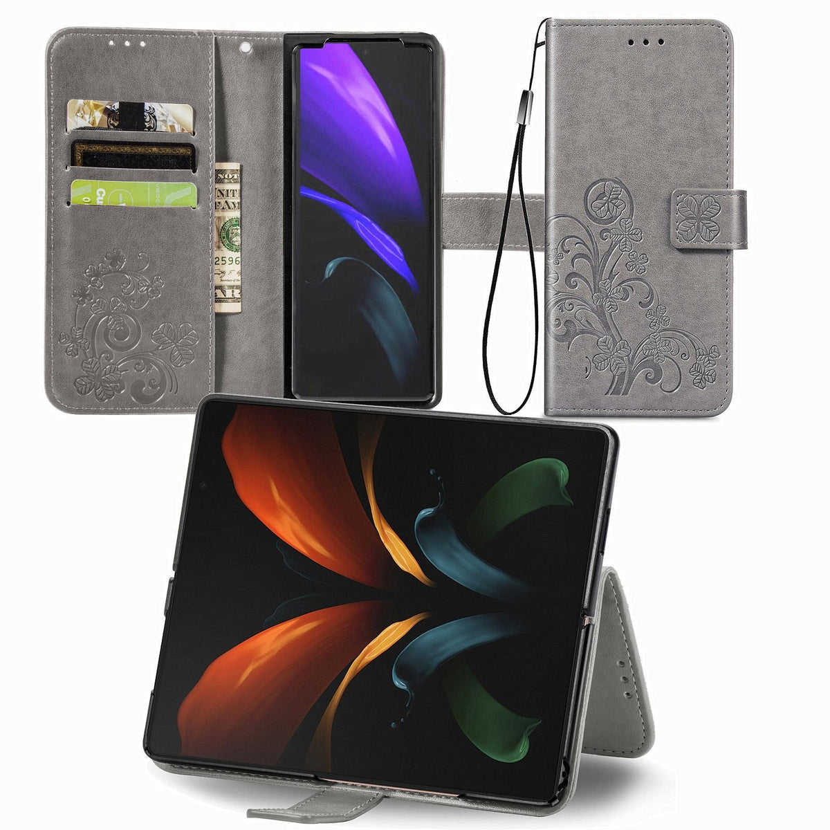 For Samsung Galaxy Z Fold4 5G Embossed Leather Phone Case With Four Leaf Clasp - Gray