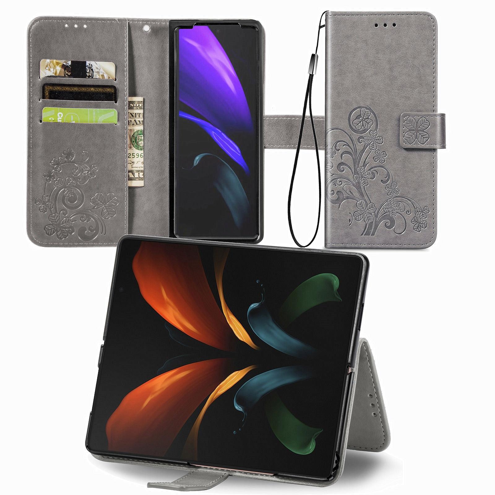 For Samsung Galaxy Z Fold4 5G Embossed Leather Phone Case With Four Leaf Clasp - Gray