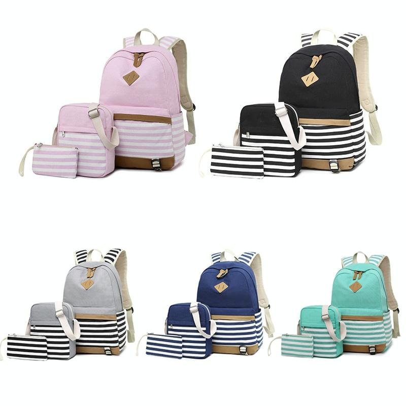 Printed Canvas Backpack Set - 3 Pieces - Pink