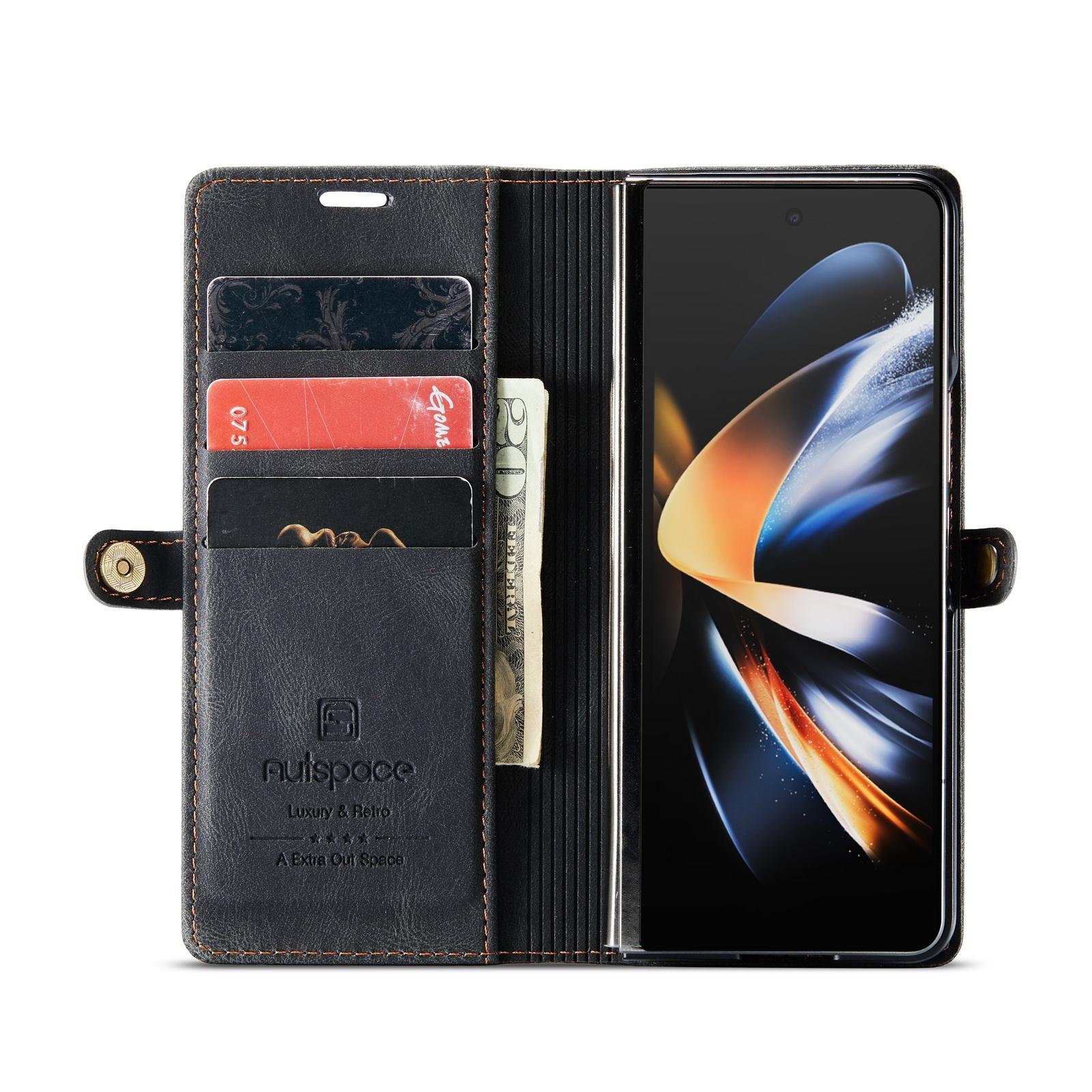 For Samsung Galaxy Z Fold4 5G Vintage Rfid Leather Phone Case - Black
