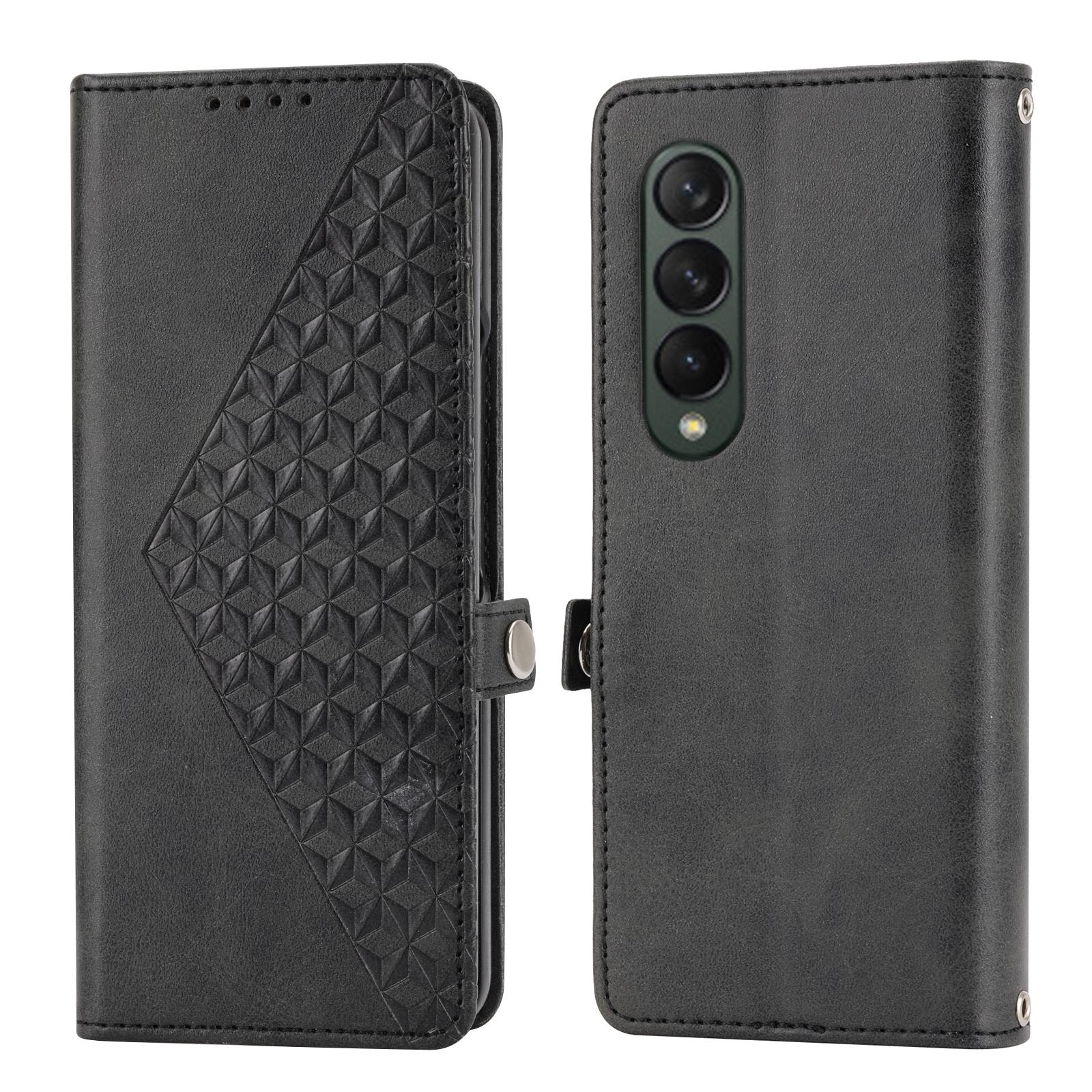 For Samsung Galaxy Z Fold4 5G Leather Grid Texture Phone Case With Lanyard - Rose Gold