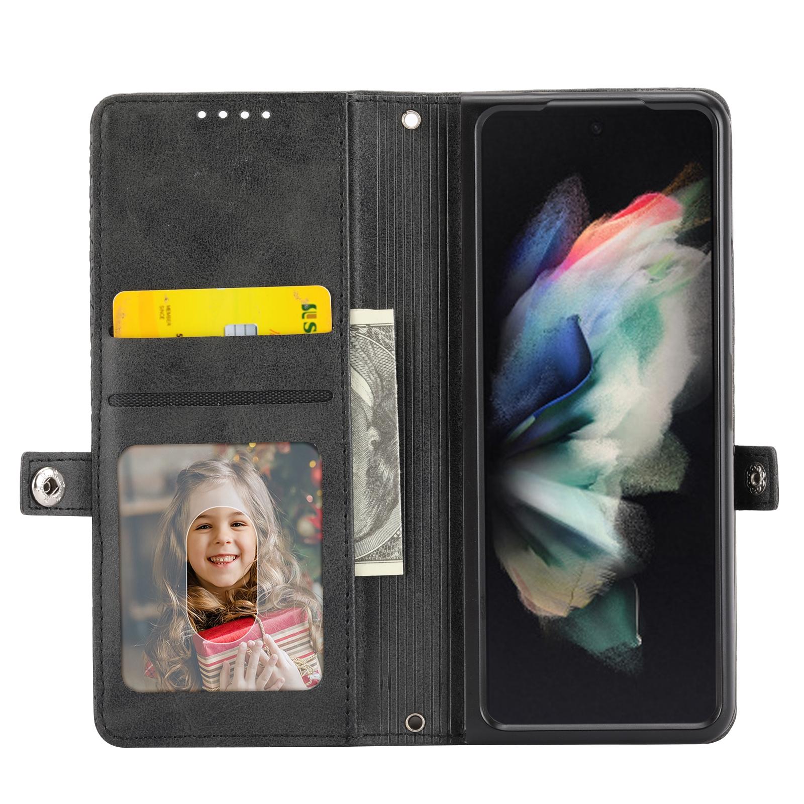 For Samsung Galaxy Z Fold4 5G Leather Grid Texture Phone Case With Lanyard - Rose Gold