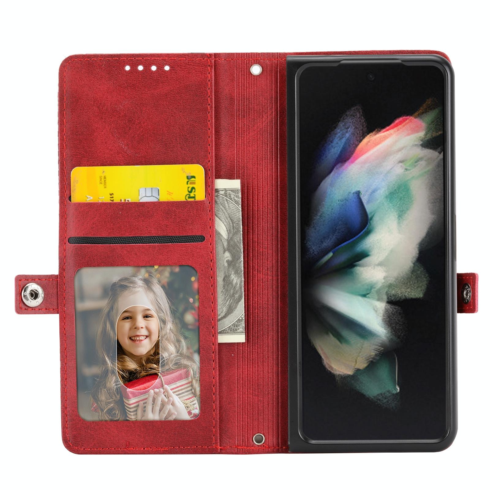 For Samsung Galaxy Z Fold4 5G Leather Grid Texture Phone Case With Lanyard - Rose Gold