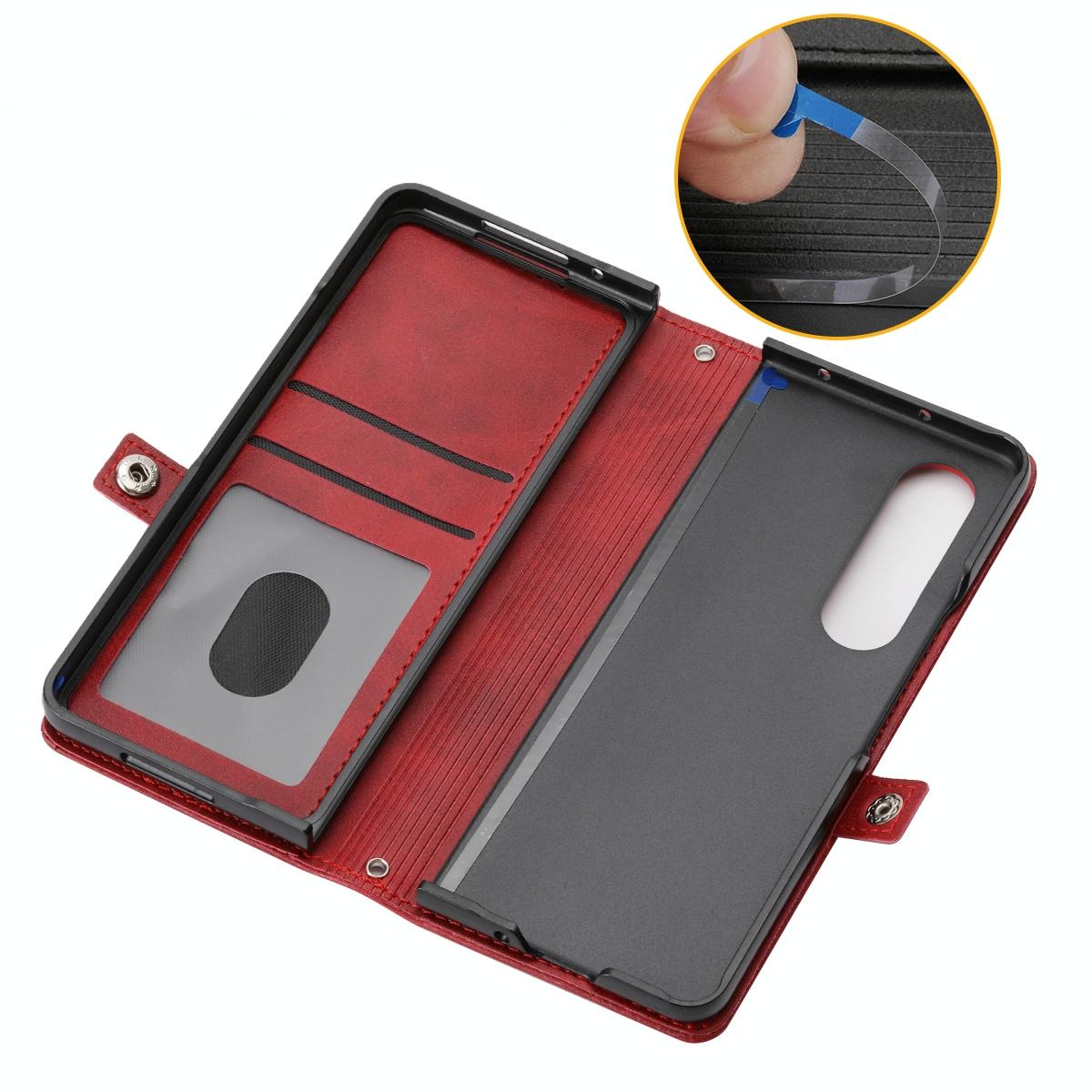 For Samsung Galaxy Z Fold4 5G Leather Grid Texture Phone Case With Lanyard - Rose Gold