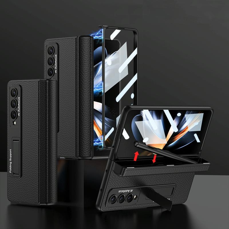 For Samsung Galaxy Z Fold4 5G Leather Phone Case With Foldable Hinge And Holder - Carbon Fibre Black