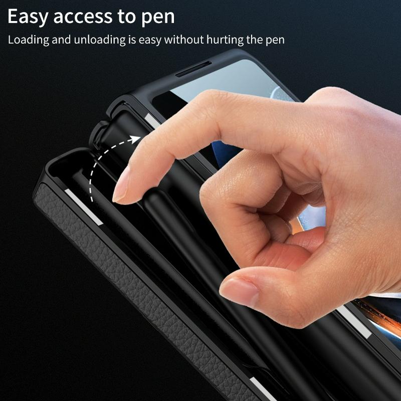 For Samsung Galaxy Z Fold4 5G Leather Phone Case With Foldable Hinge And Holder - Carbon Fibre Black