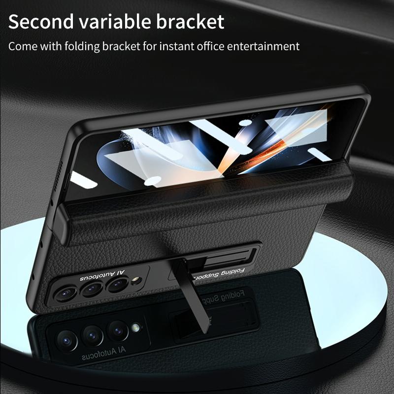 For Samsung Galaxy Z Fold4 5G Leather Phone Case With Foldable Hinge And Holder - Carbon Fibre Black