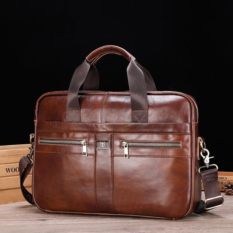 Large Capacity Retro Cowhide Briefcase - Coffee Metal