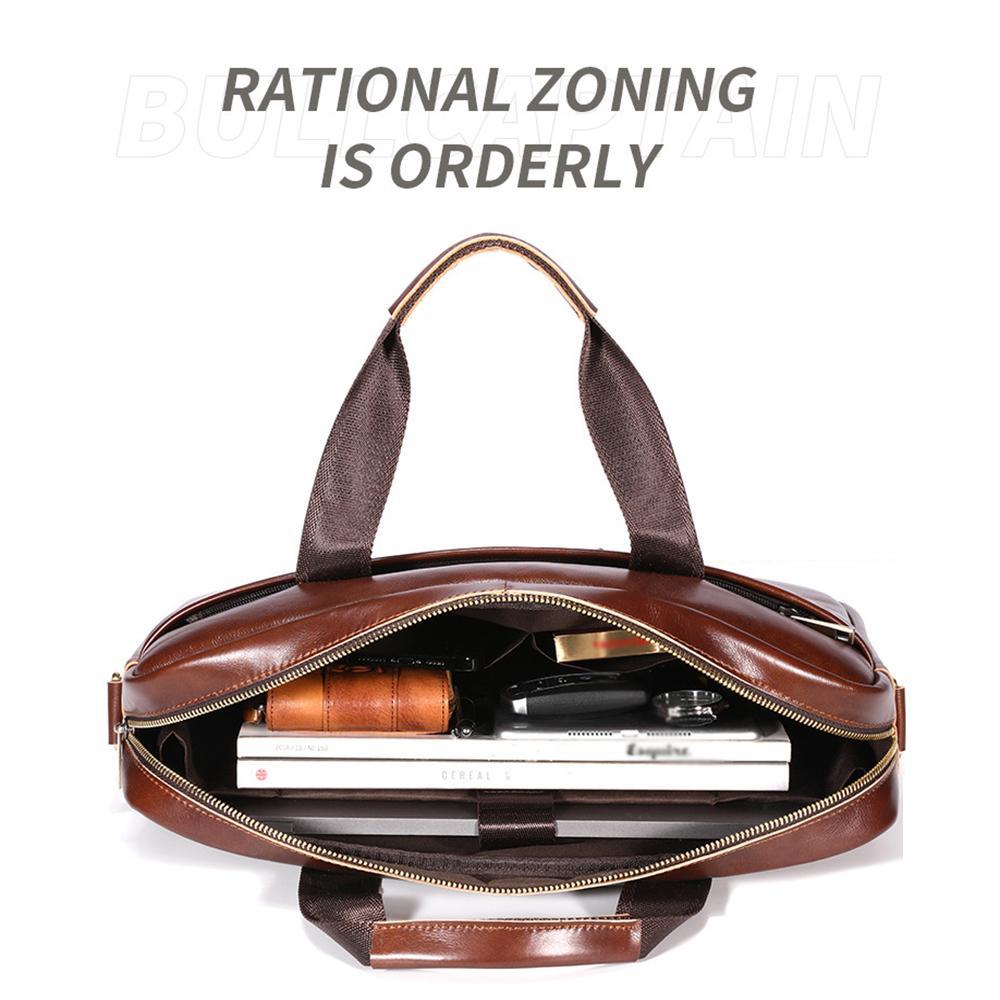 Large Capacity Retro Cowhide Briefcase - Coffee Metal