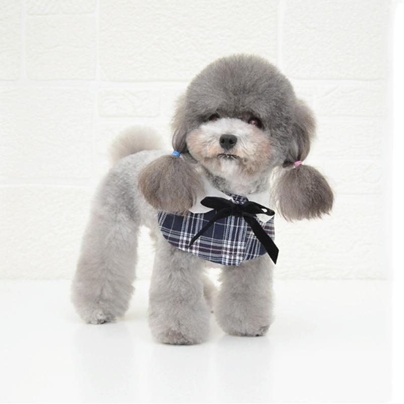 Dog Shawl Small Cloak Pet Bow Ttie Saliva Towel Pet Accessories - Size S - Navy Blue Grid