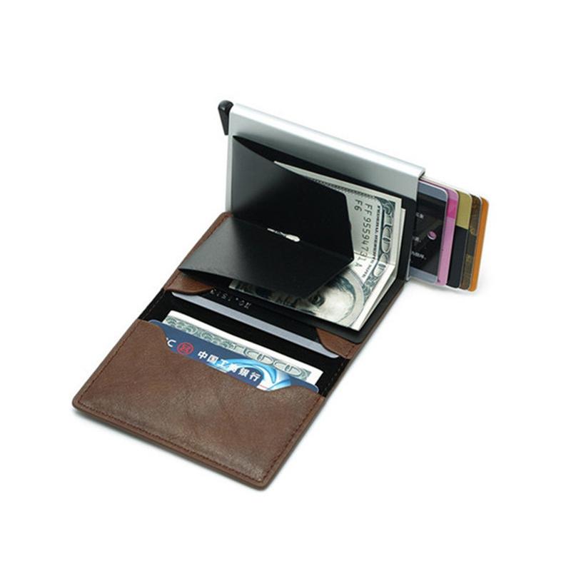 Anti Magnetic Rfid Leather Metal Wallet Universal Fit Black - Brown