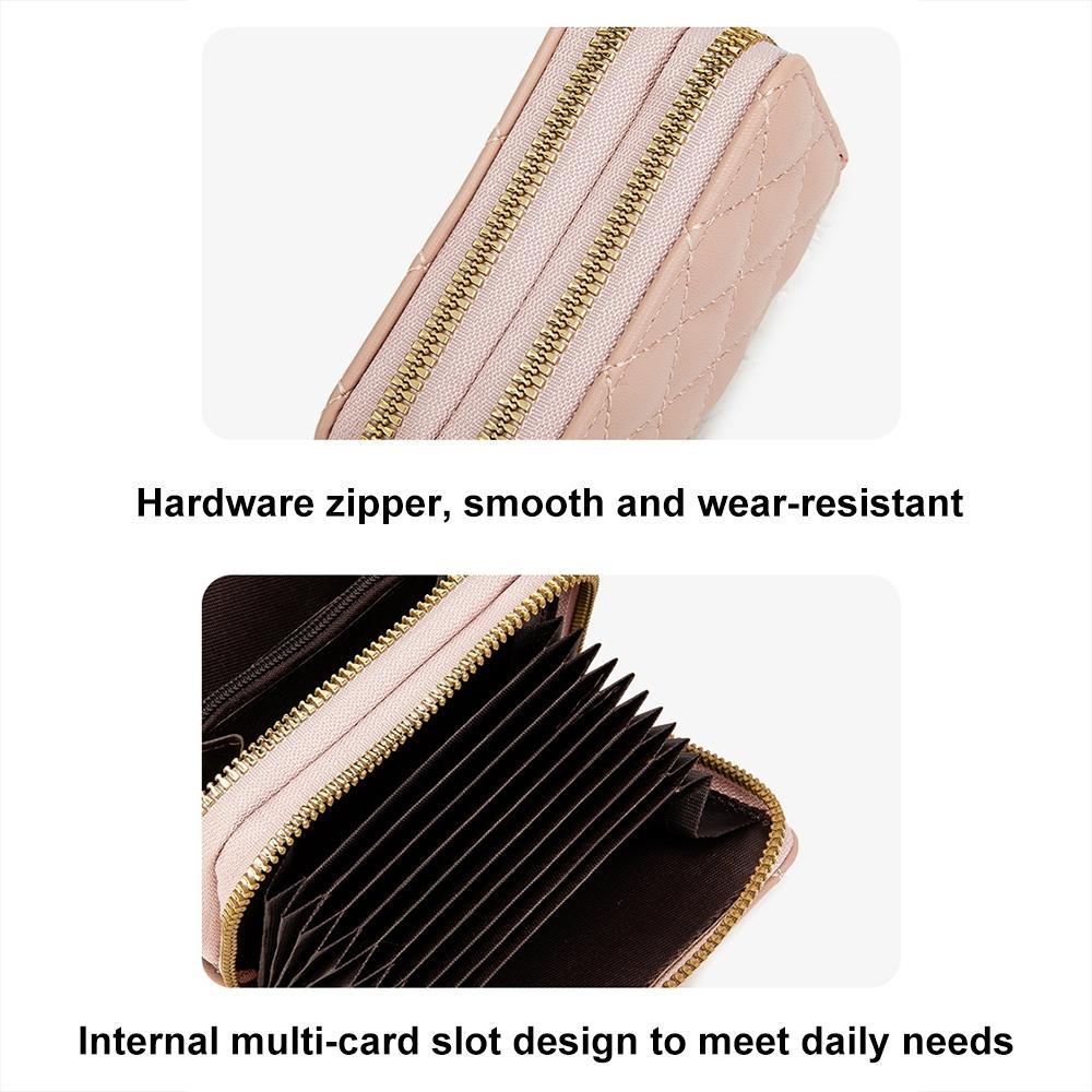 Double Layer Zipper Wallet Multi Card Slot Large Capacity Rhombus Design - Coffee
