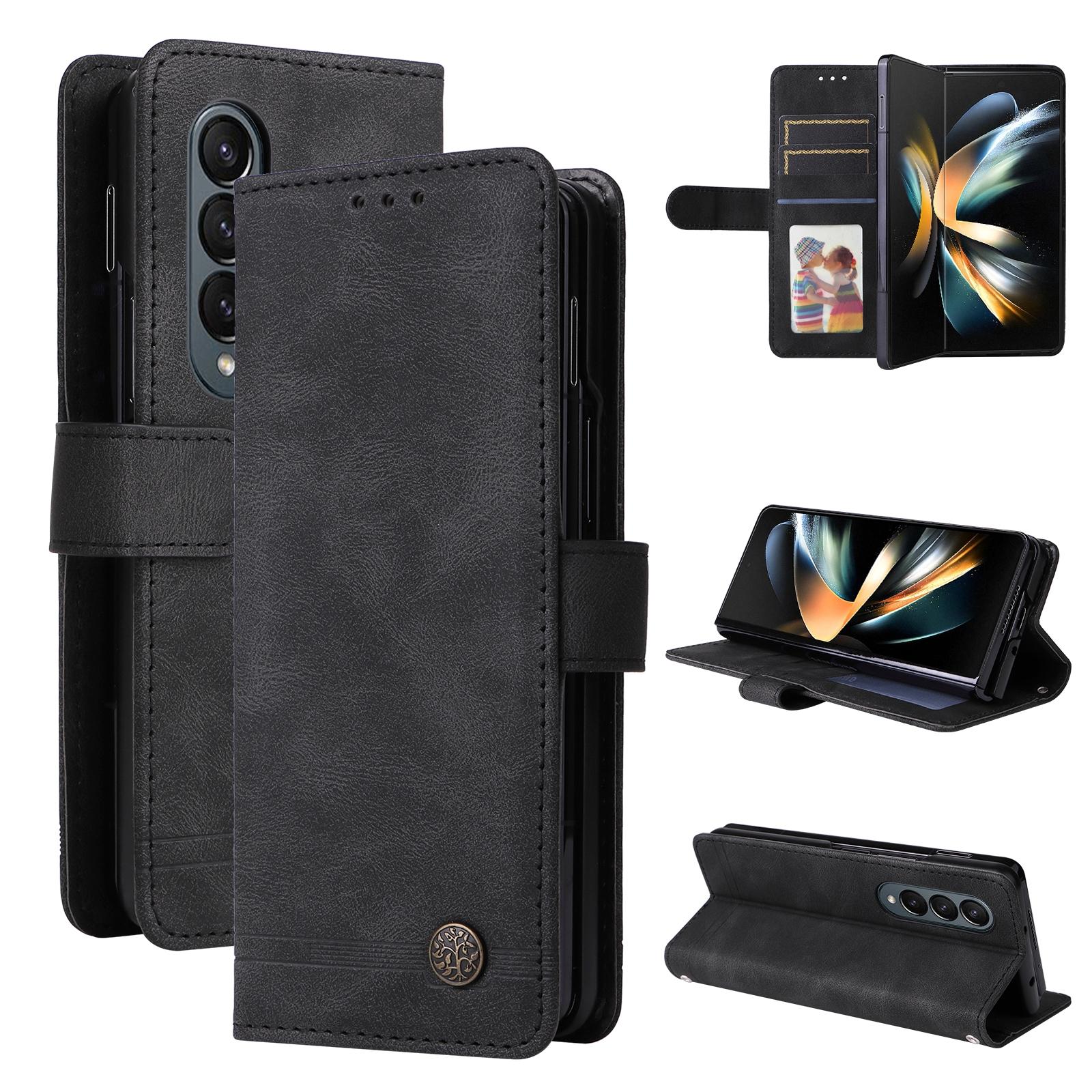 For Samsung Galaxy Z Fold4 5G Metal Button Leather Case - Tree Design - Black
