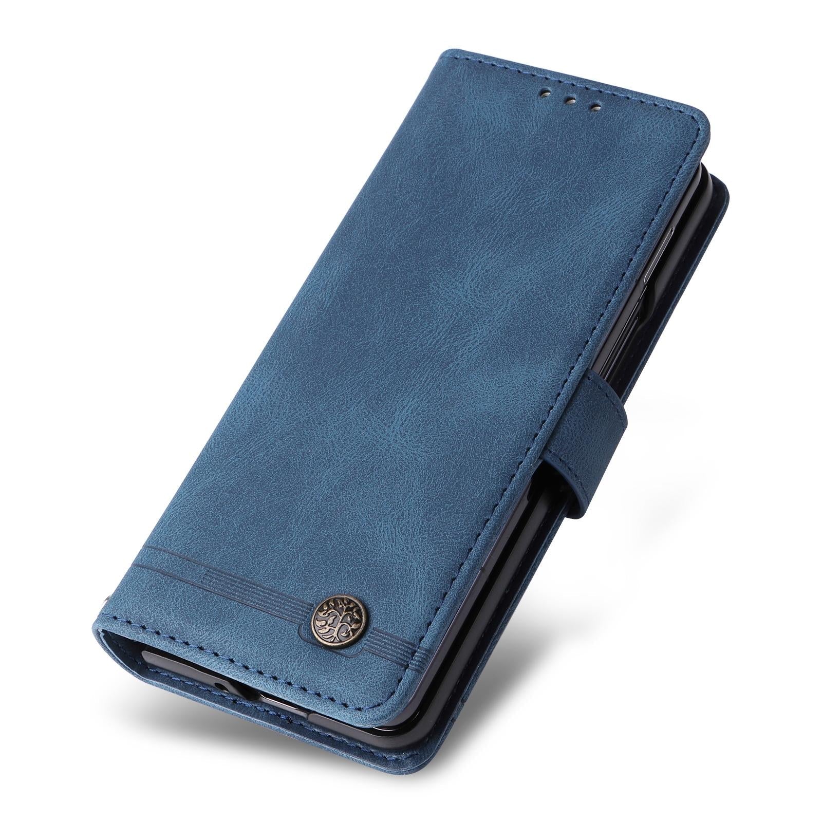 For Samsung Galaxy Z Fold4 5G Metal Button Leather Case - Tree Design - Black