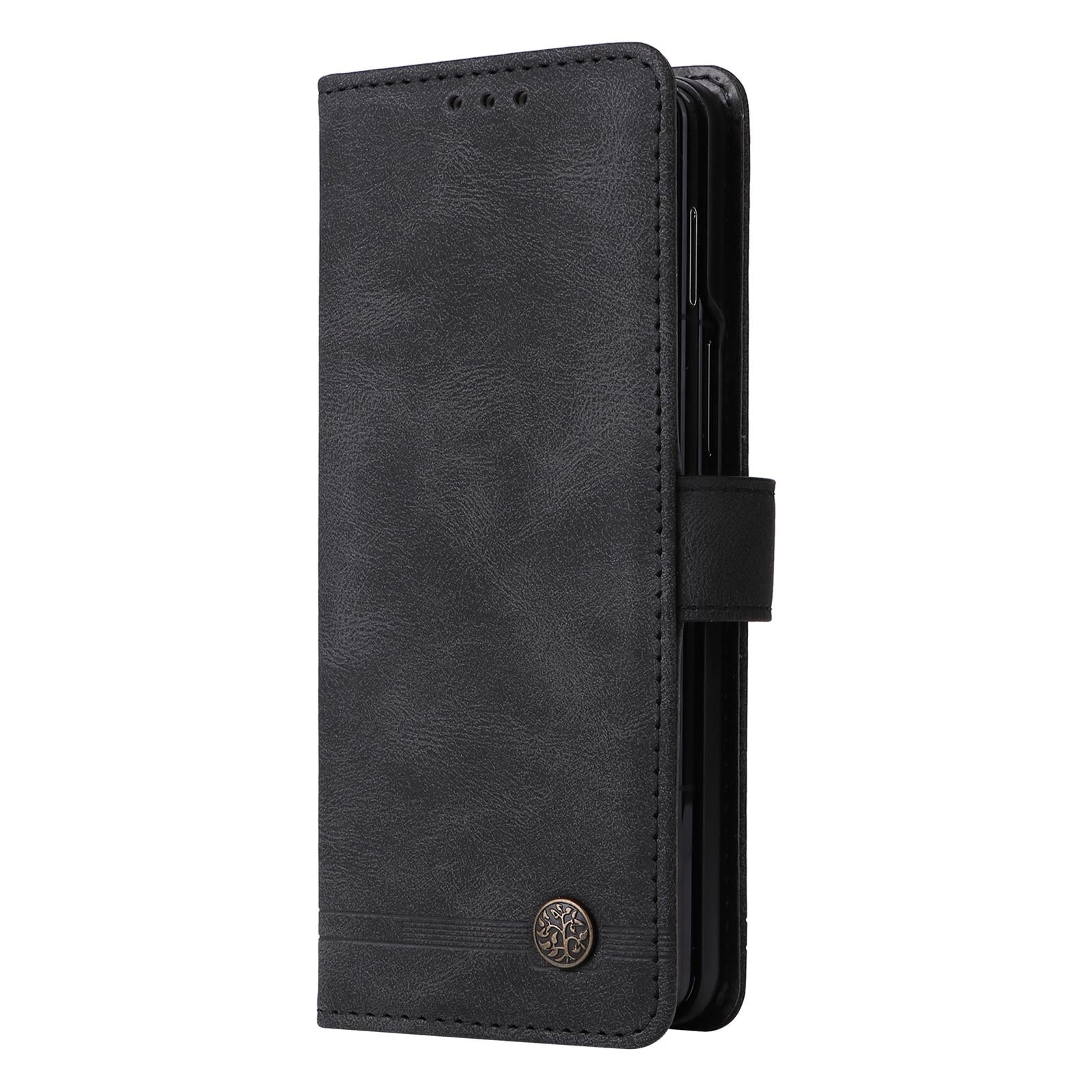 For Samsung Galaxy Z Fold4 5G Metal Button Leather Case - Tree Design - Black