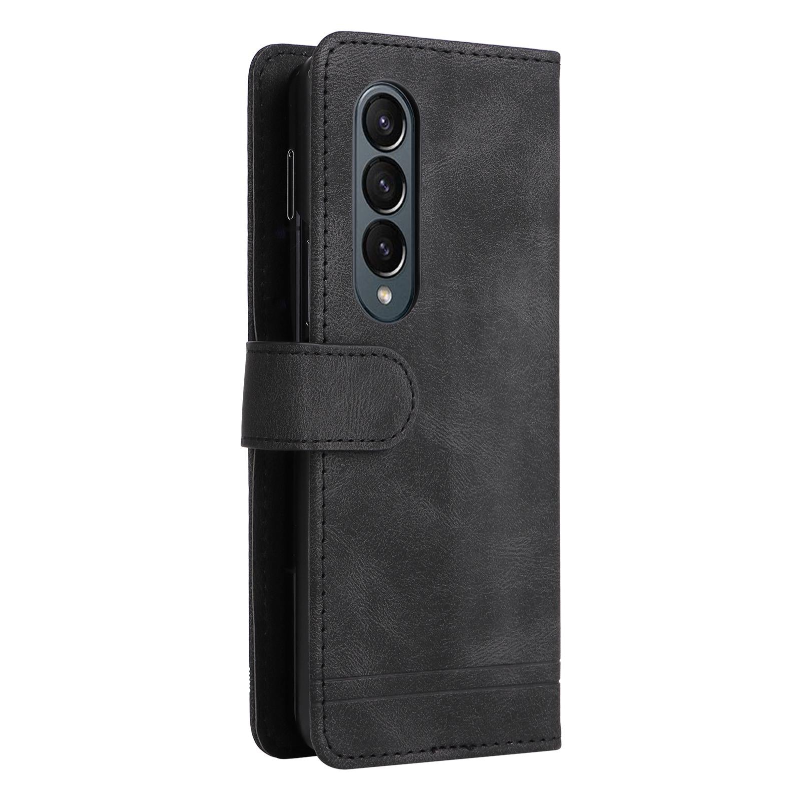 For Samsung Galaxy Z Fold4 5G Metal Button Leather Case - Tree Design - Black