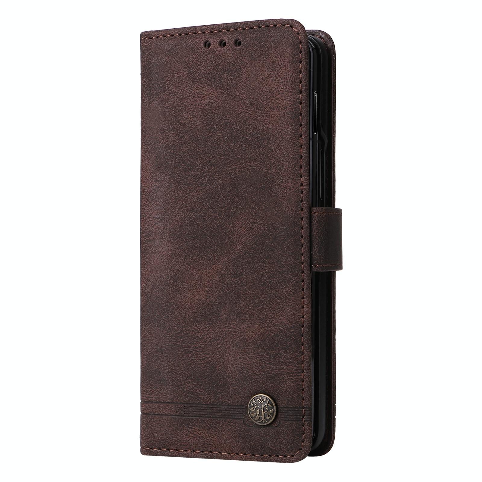 For Samsung Galaxy Z Fold4 5G Metal Button Leather Case - Tree Design - Black