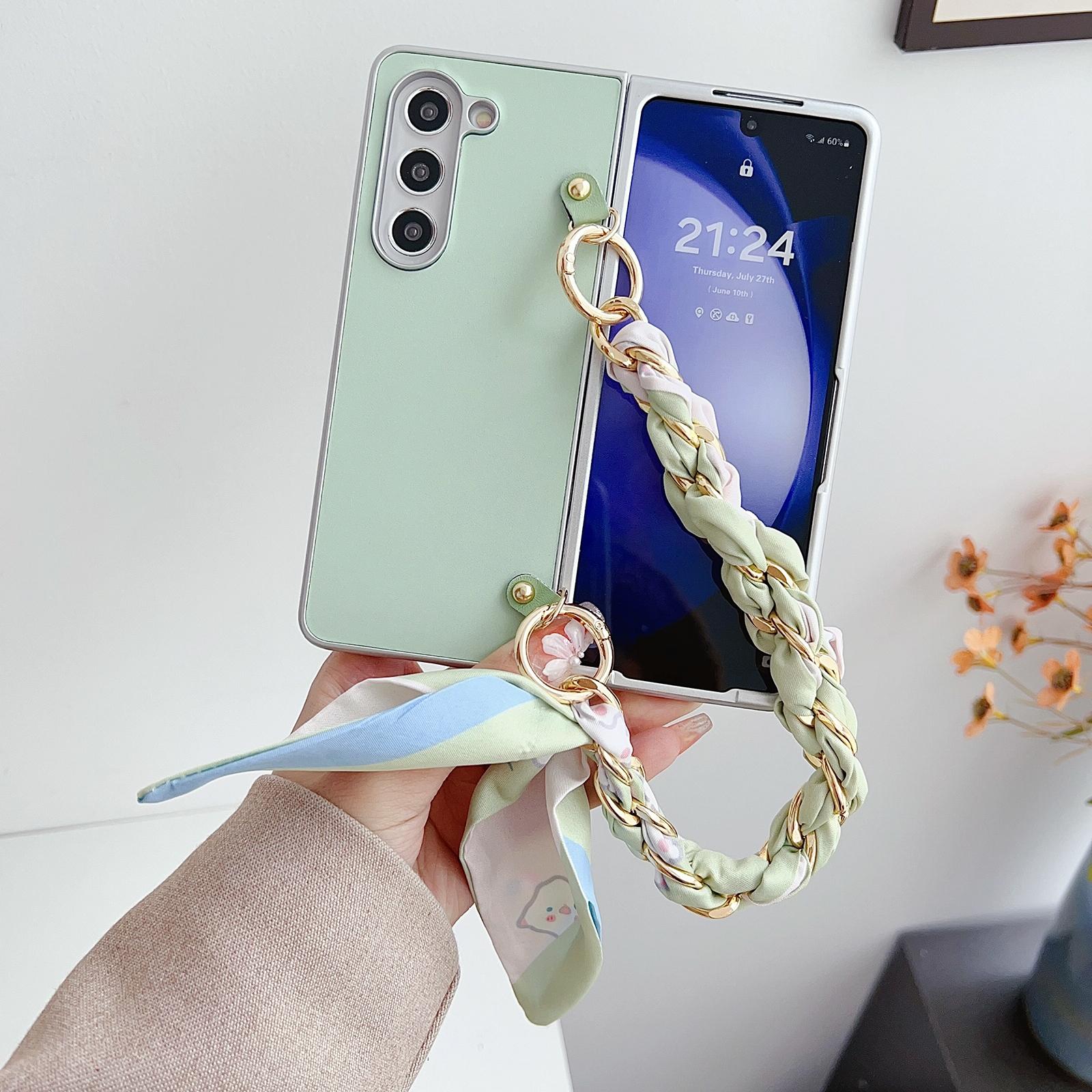 For Samsung Galaxy Z Fold4 5G Leather Phone Case With Metallic Paint And Scarf Bracelet - Green