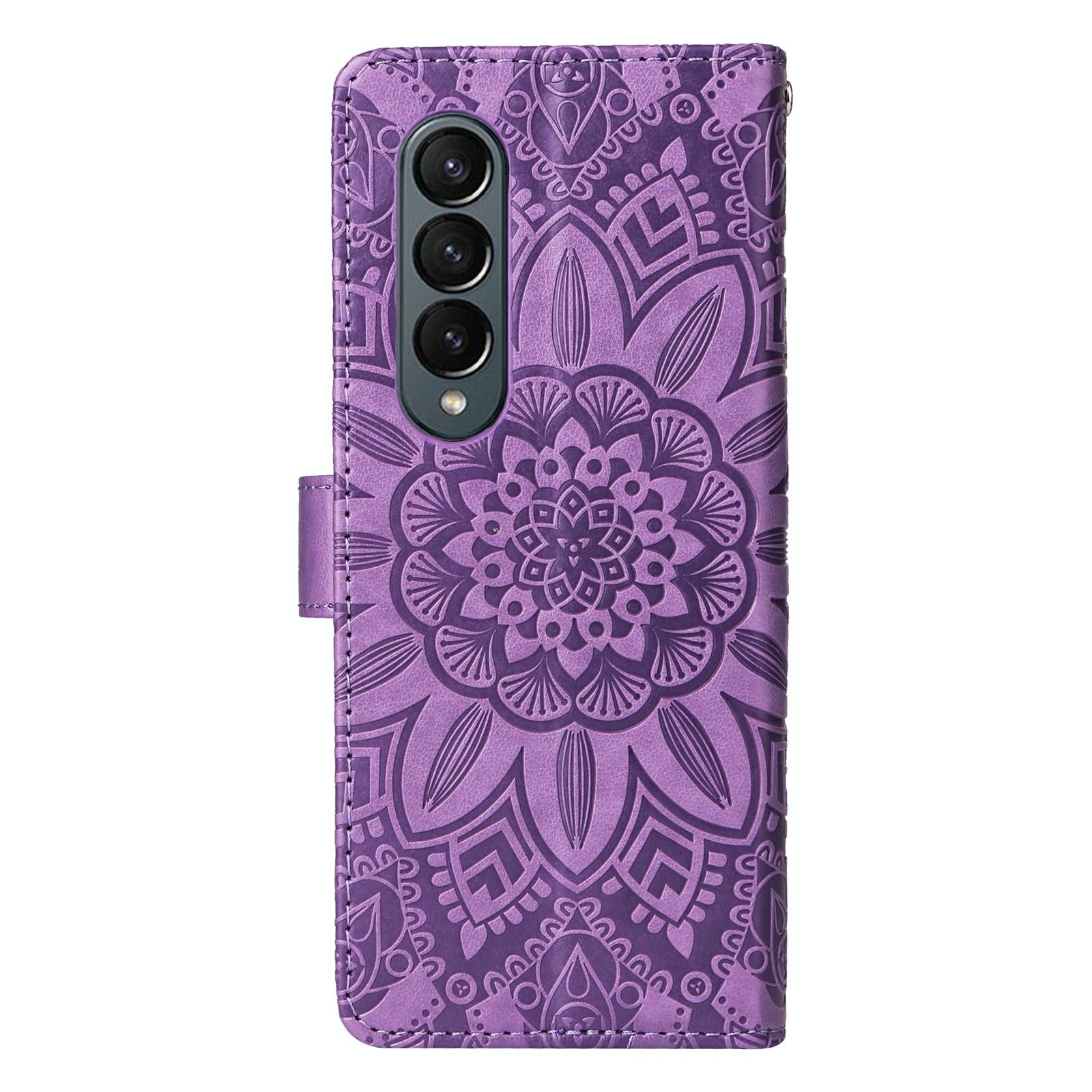 For Samsung Galaxy Z Fold4 5G Sunflower Embossed Leather Phone Case - Green