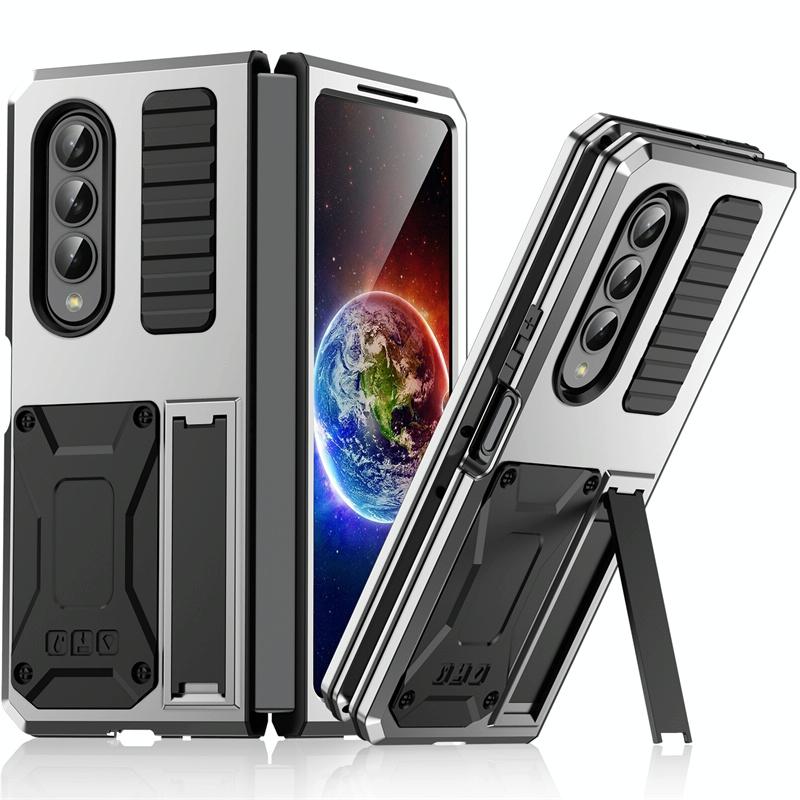 For Samsung Galaxy Z Fold4 5G Shockproof Metal Case With Holder - Silver