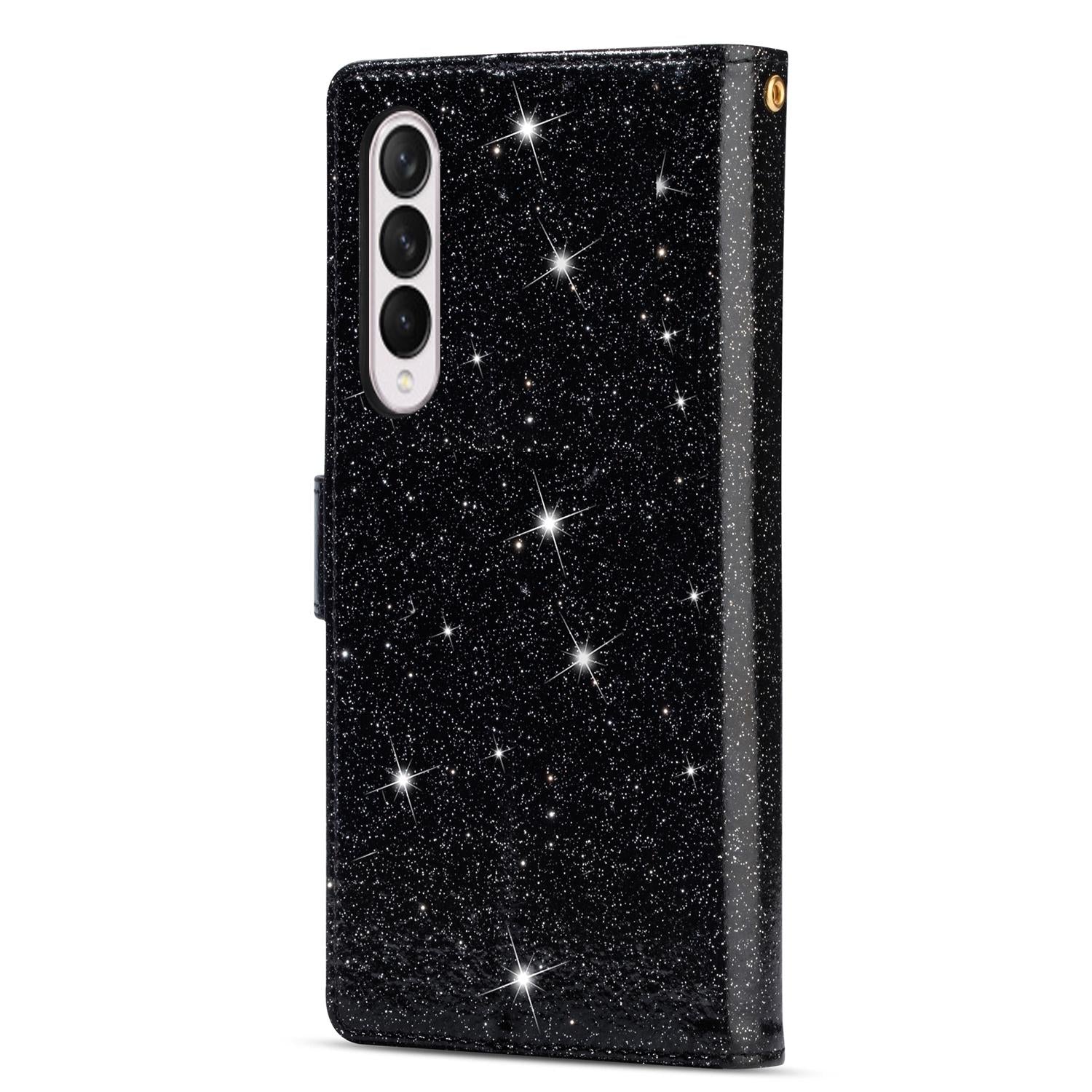 For Samsung Galaxy Z Fold4 5G Sparkling Leather Zip Case - Zipper Closure - Black