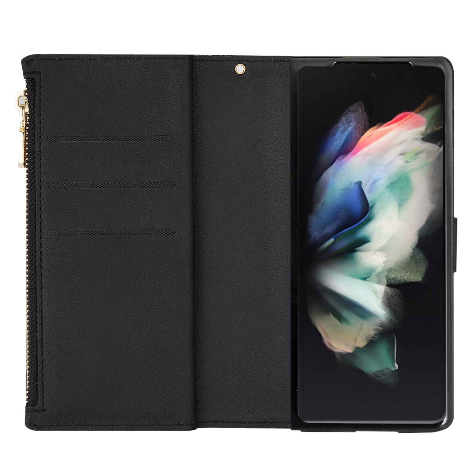 For Samsung Galaxy Z Fold4 5G Sparkling Leather Zip Case - Zipper Closure - Black