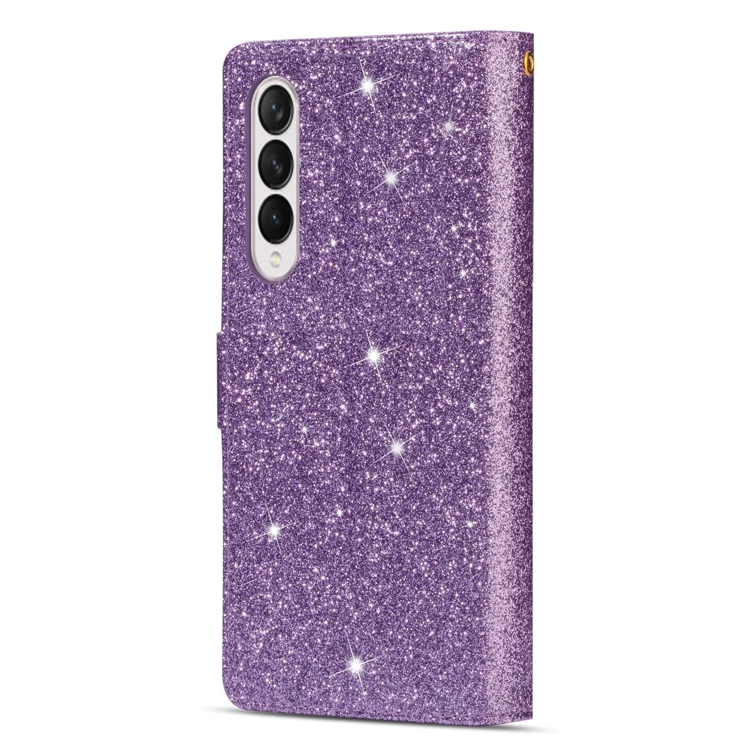 For Samsung Galaxy Z Fold4 5G Sparkling Leather Zip Case - Zipper Closure - Black