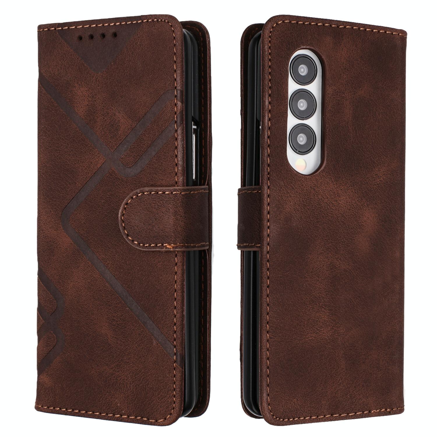 For Samsung Galaxy Z Fold4 5G Smooth Leather Phone Case - Line Pattern - Coffee