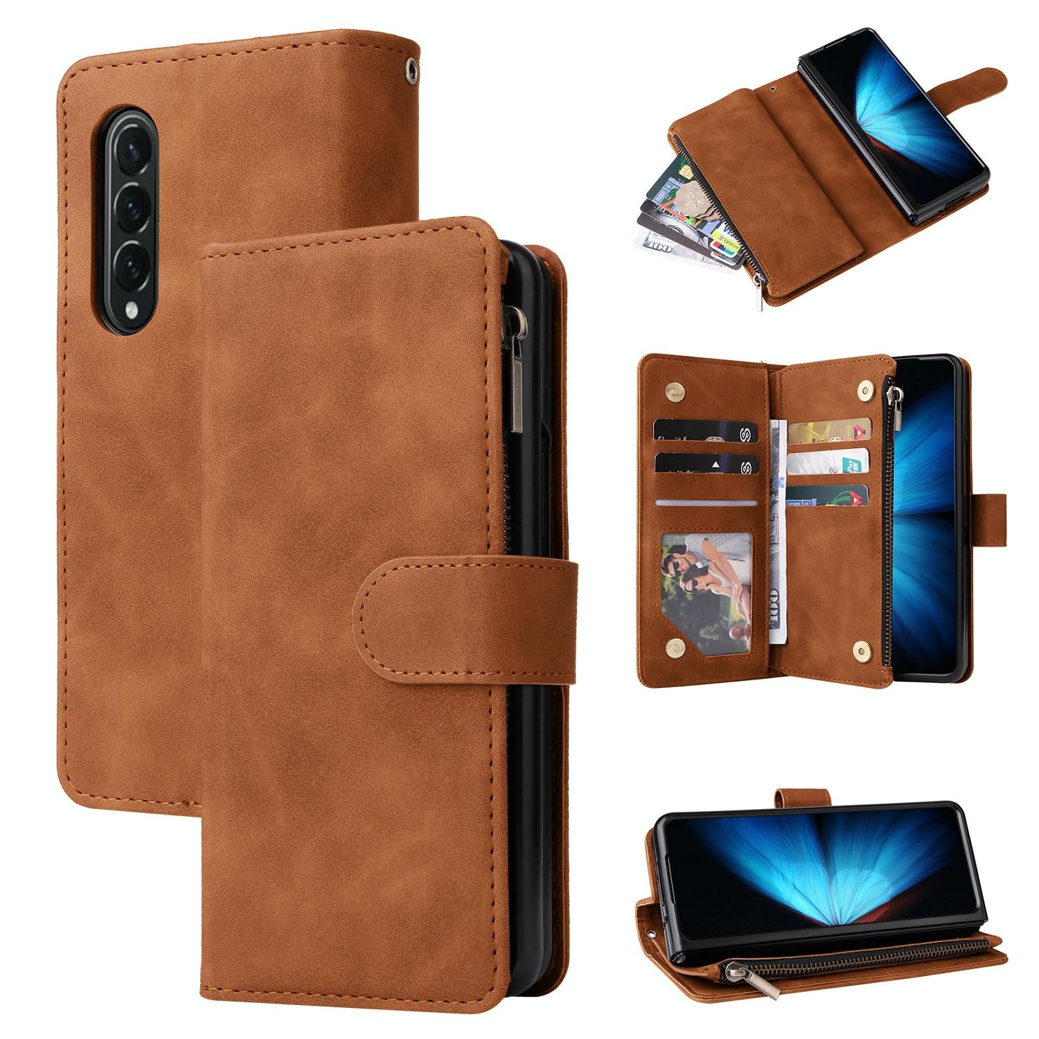For Samsung Galaxy Z Fold4 5G Frosted Leather Zip Wallet - Compact And Stylish - Brown