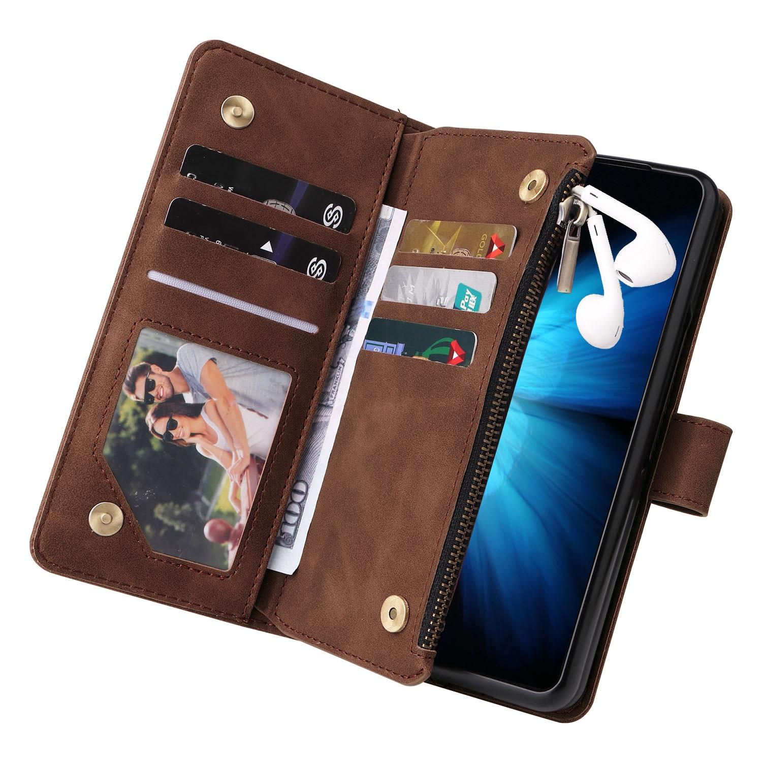 For Samsung Galaxy Z Fold4 5G Frosted Leather Zip Wallet - Compact And Stylish - Brown