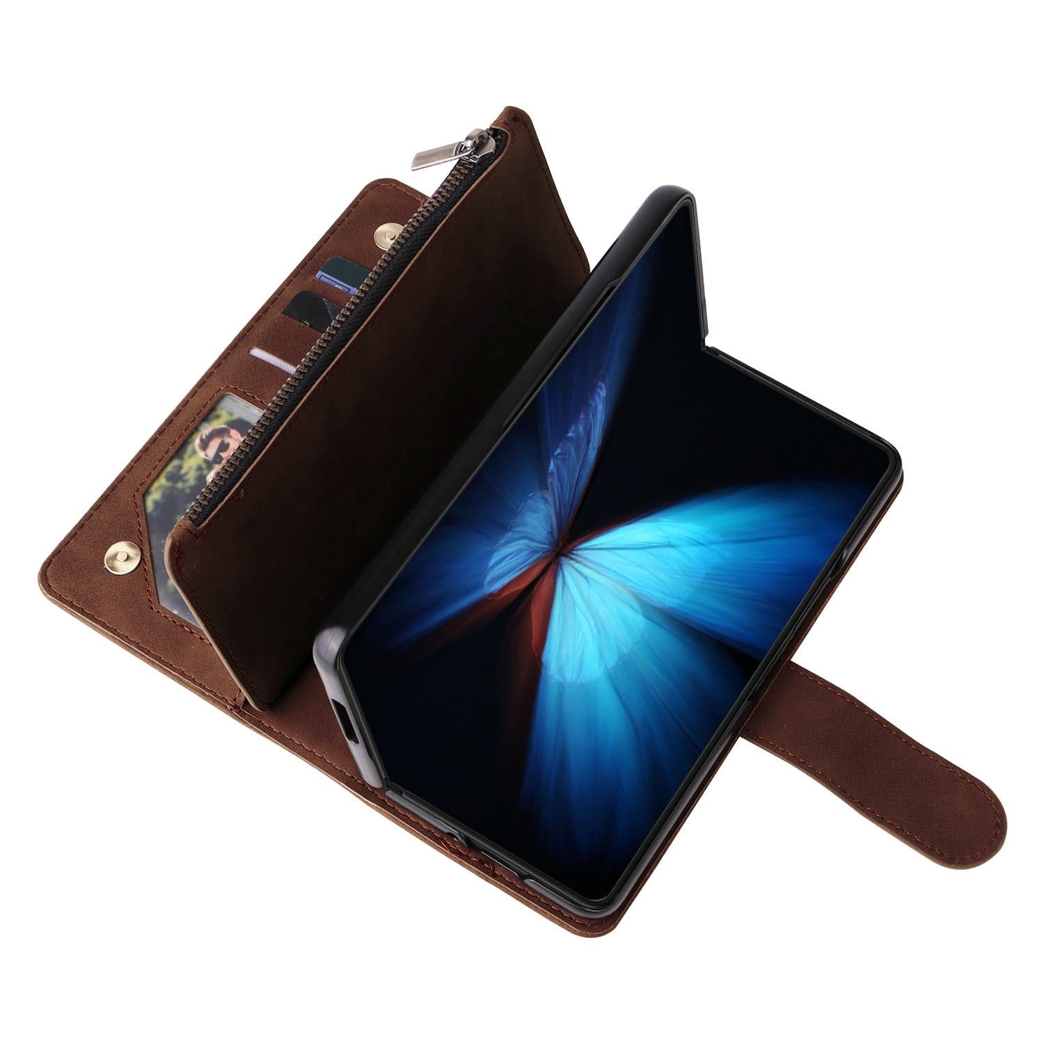 For Samsung Galaxy Z Fold4 5G Frosted Leather Zip Wallet - Compact And Stylish - Brown