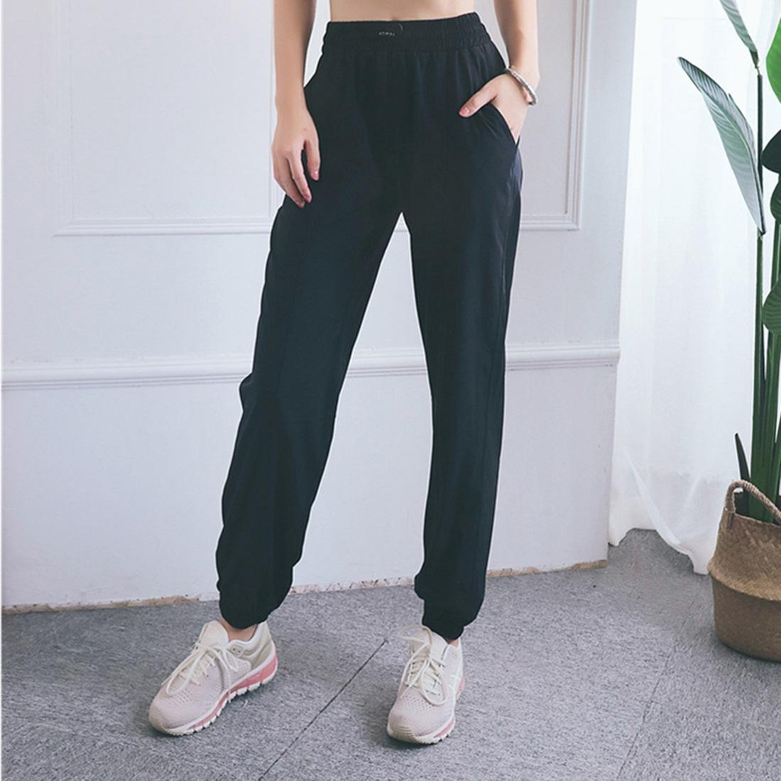 High Waist Drawstring Fitness Pants Black Size L - Smoke Purple M