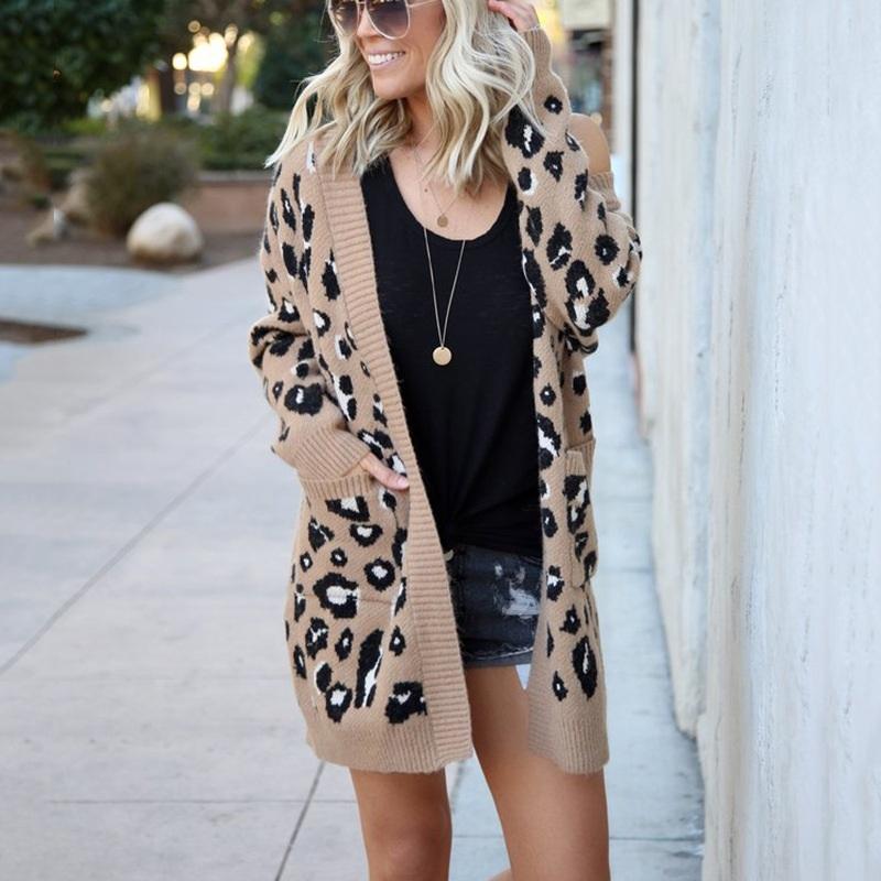 Fashion Leopard Cardigan Knit Sweater Khaki - Xl