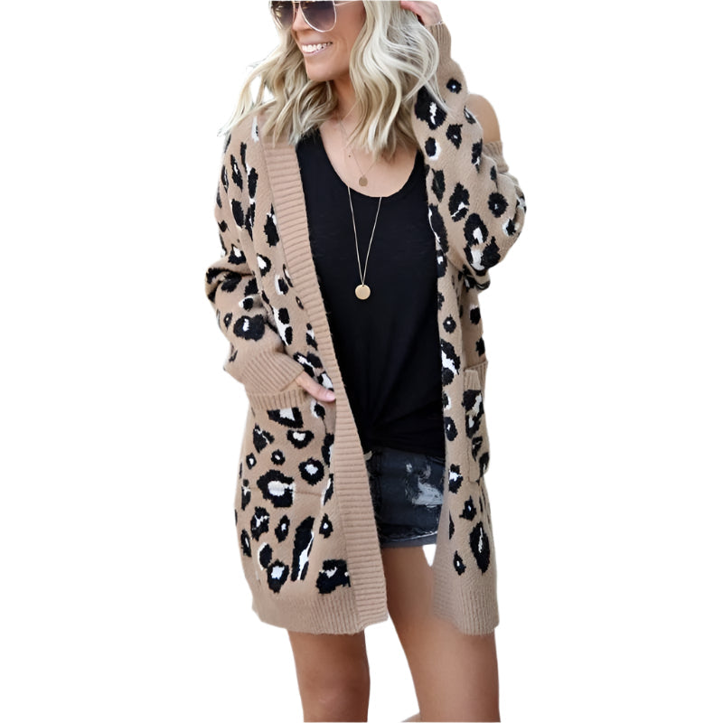 Fashion Leopard Cardigan Knit Sweater Khaki - Xl