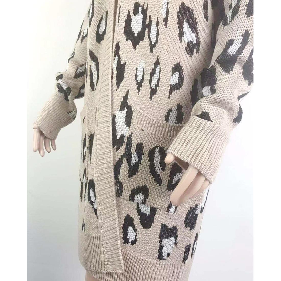 Fashion Leopard Cardigan Knit Sweater Khaki - Xl