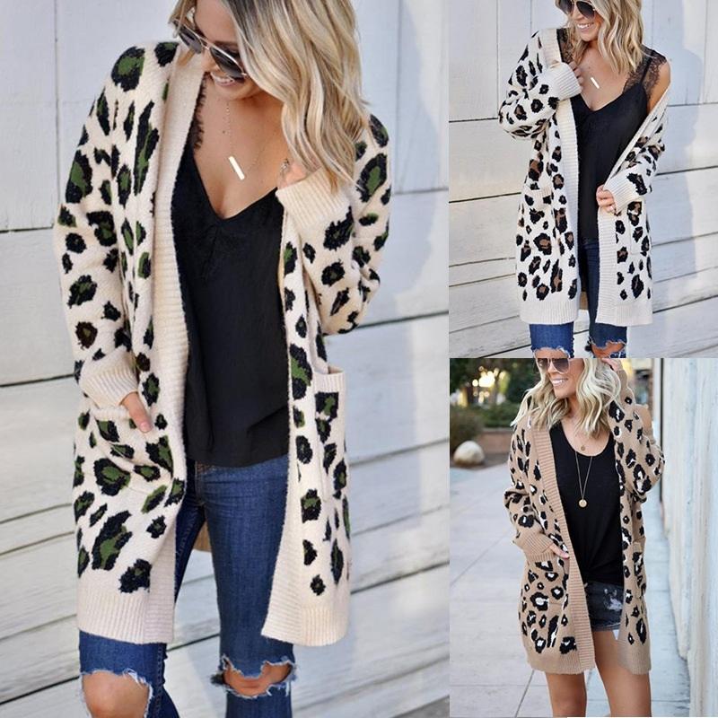 Fashion Leopard Cardigan Knit Sweater Khaki - Xl