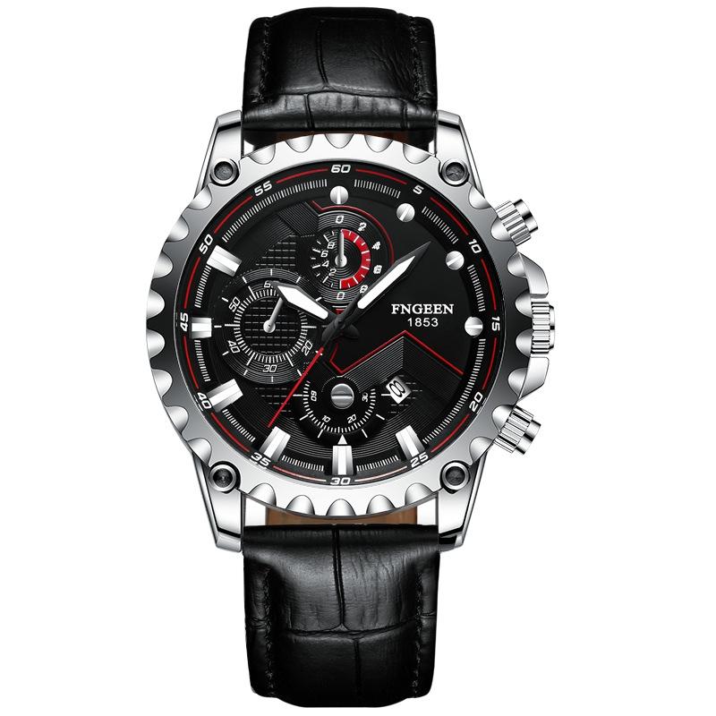 Stainless Steel Waterproof Men Sports Watch - Black Leather White Steel Black Surface