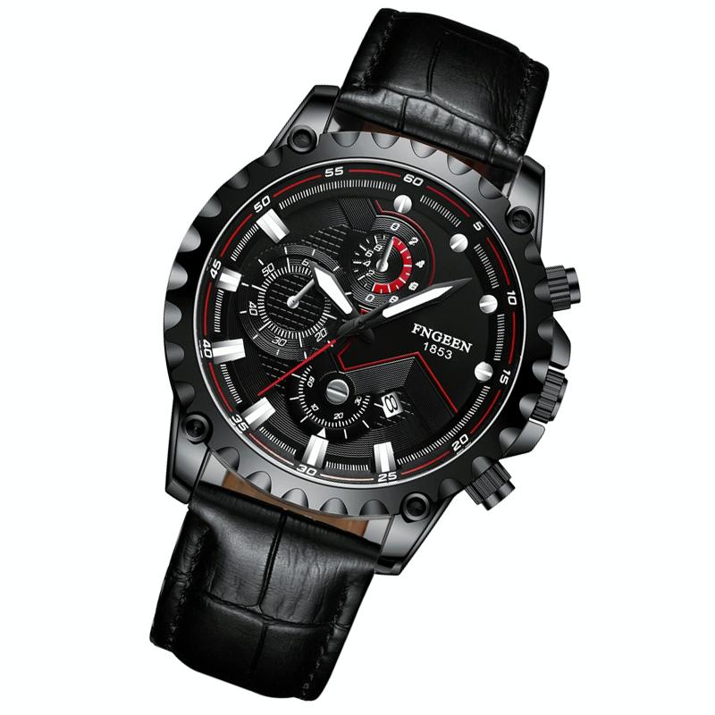 Stainless Steel Waterproof Men Sports Watch - Black Leather White Steel Black Surface