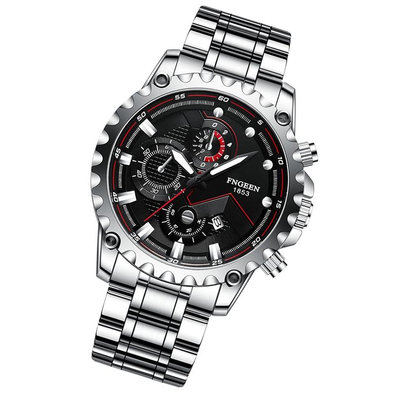 Stainless Steel Waterproof Men Sports Watch - Black Leather White Steel Black Surface