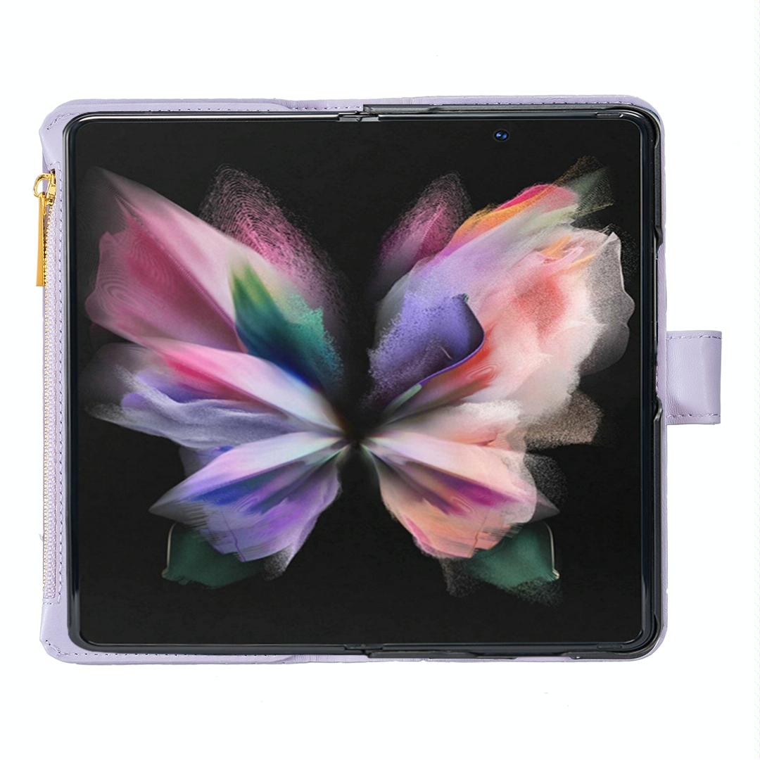 For Samsung Galaxy Z Fold4 5G Leather Zip Wallet - Diamond Lattice Design - White