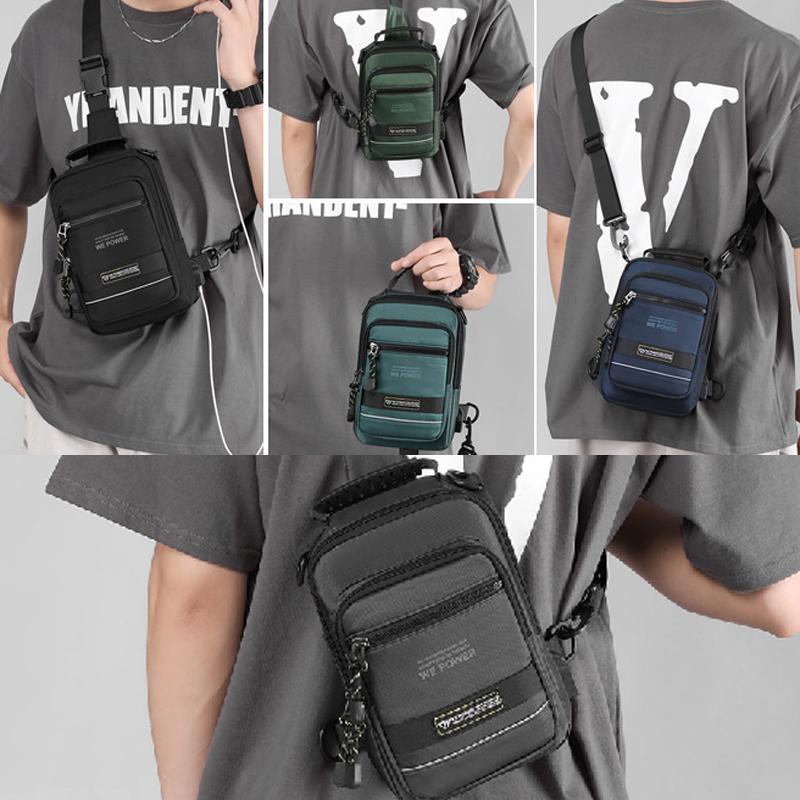 USB Chest Outdoor Shoulder Messenger Bag For Men With Charging Port - Grey Green