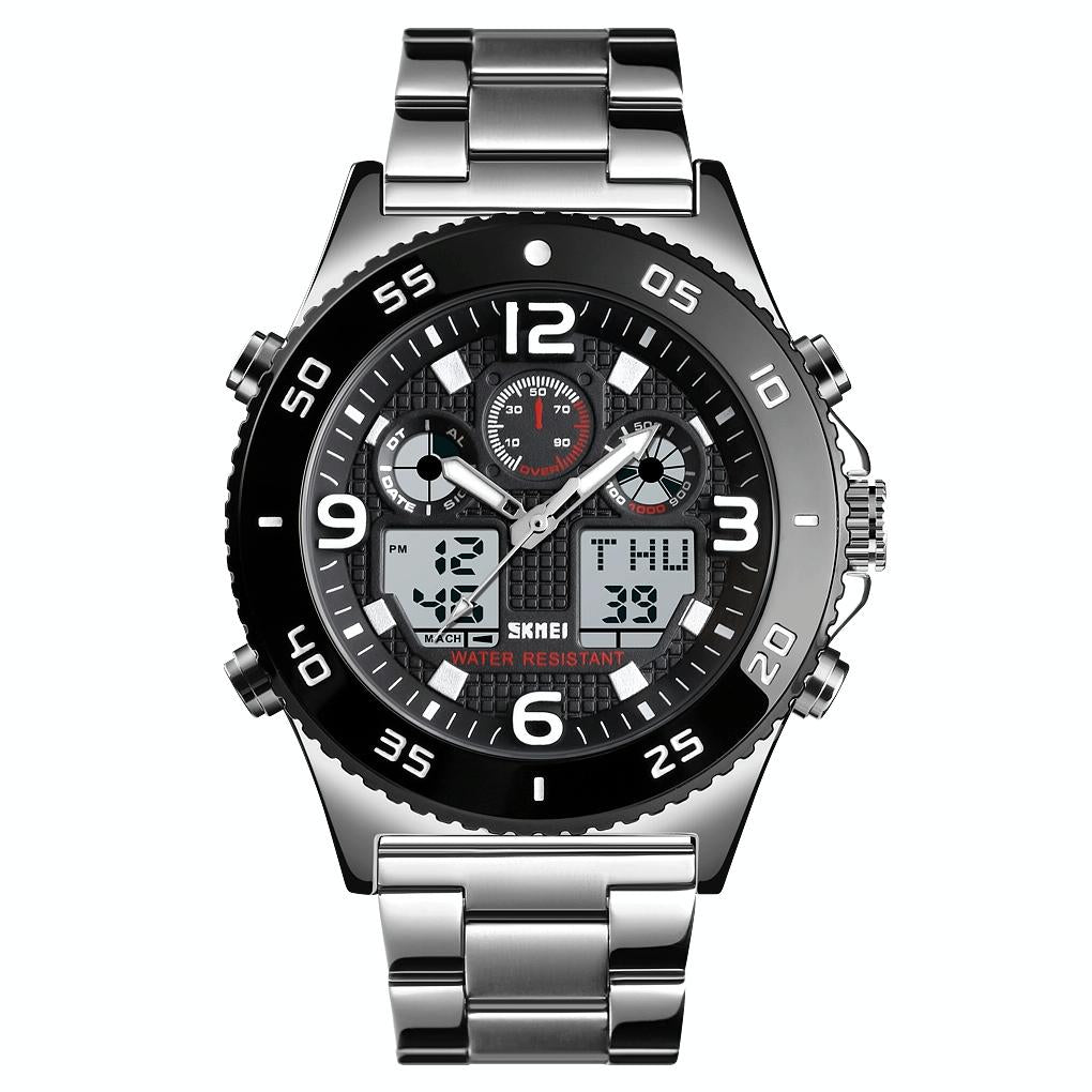Men Casual Sports Watch with Large Dial and Steel Band - Silver-Steel Belt
