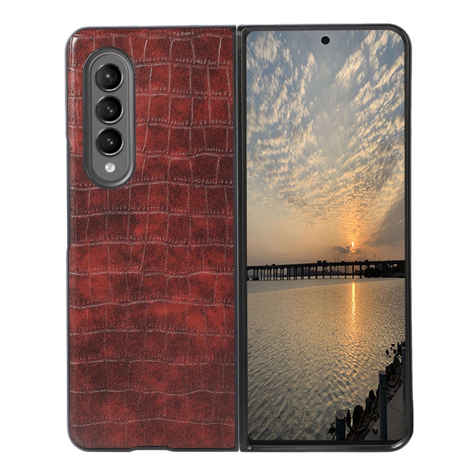 For Samsung Galaxy Z Fold4 5G Foldable Crocodile Texture Phone Case - Pu Leather - Light Brown