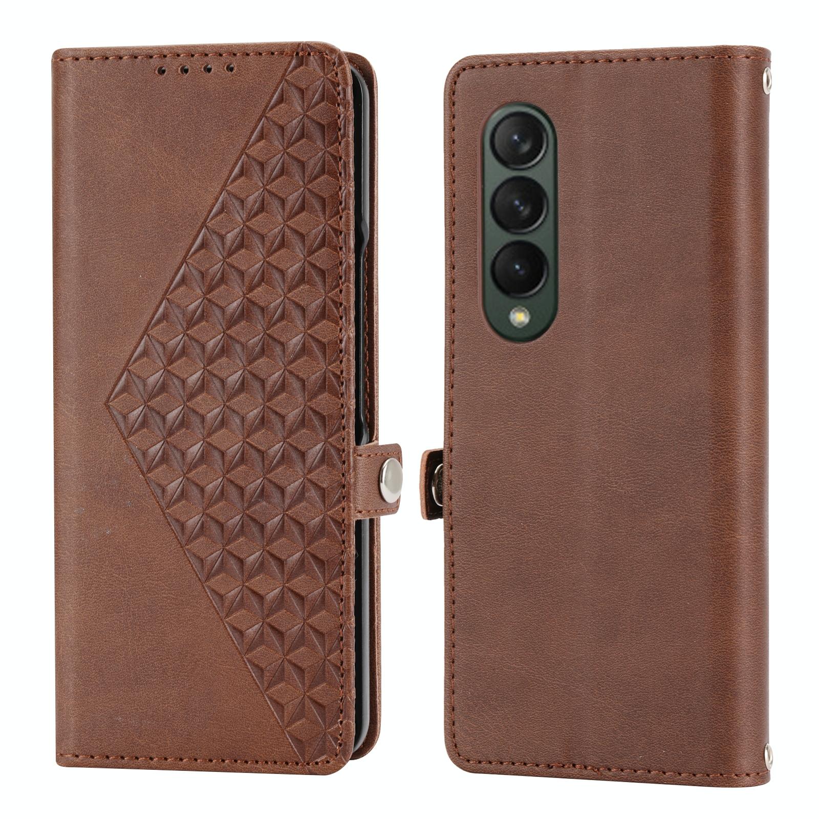 For Samsung Galaxy Z Fold4 5G Textured Leather Phone Case - Cubic Grid Design - Blue
