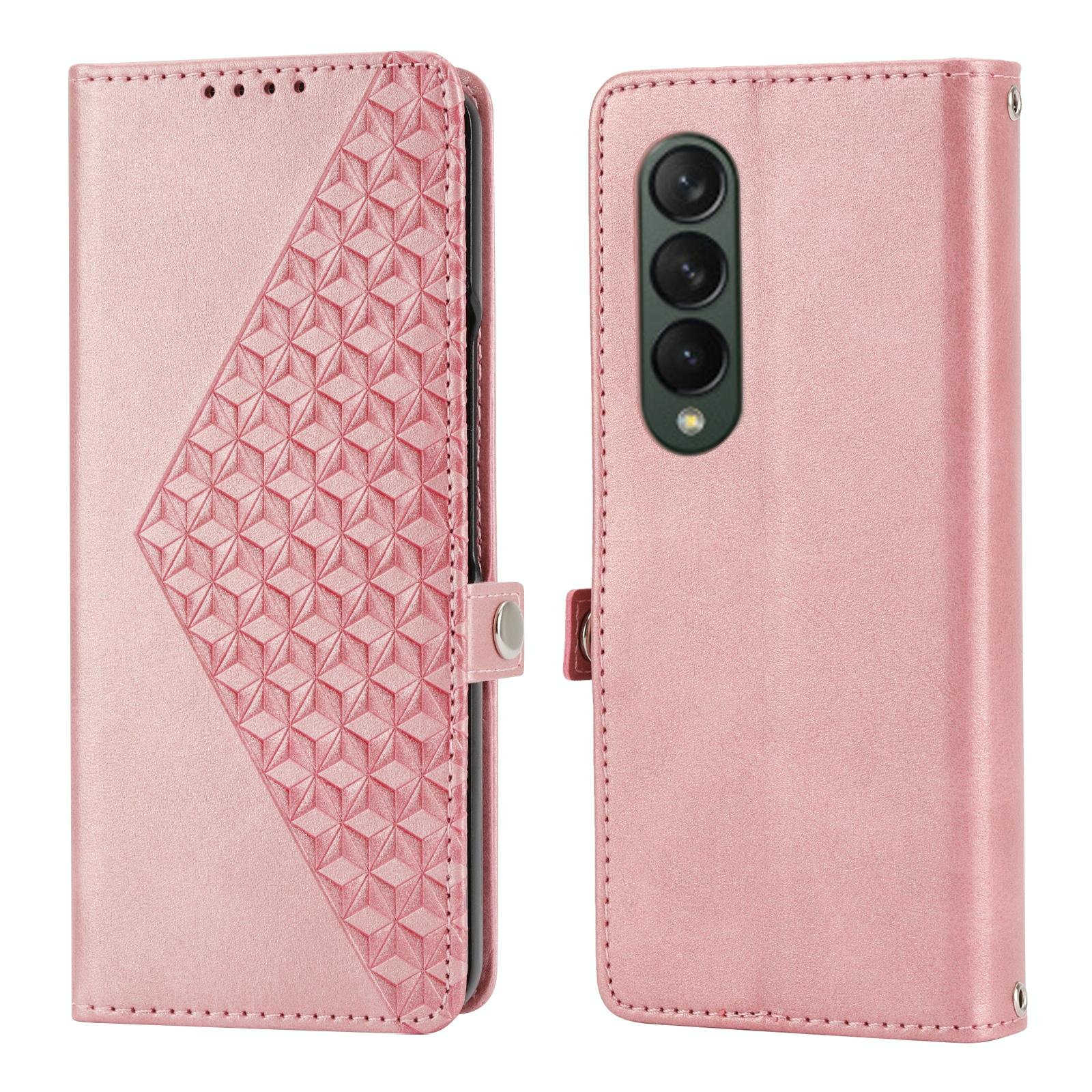 For Samsung Galaxy Z Fold4 5G Textured Leather Phone Case - Cubic Grid Design - Blue