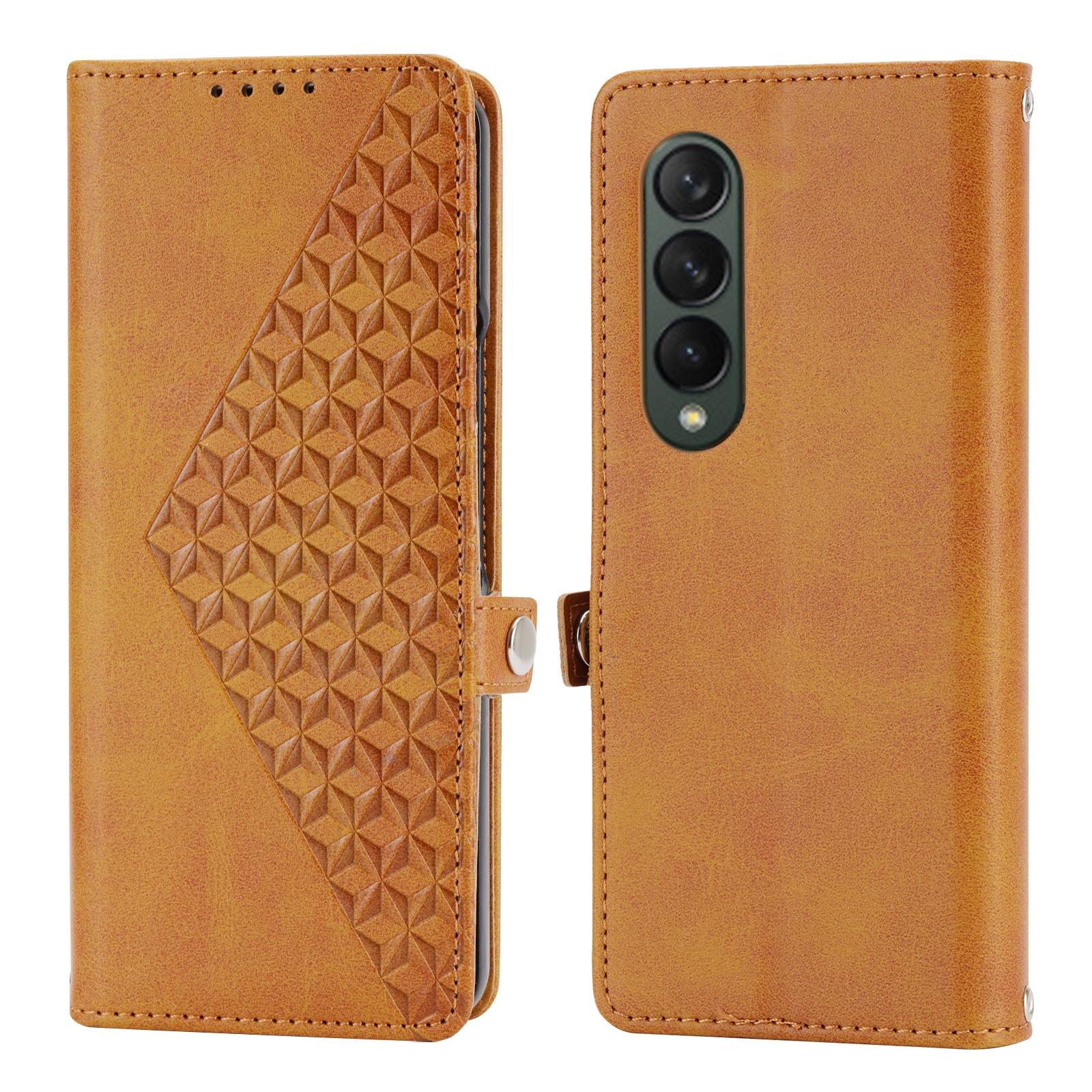 For Samsung Galaxy Z Fold4 5G Textured Leather Phone Case - Cubic Grid Design - Blue