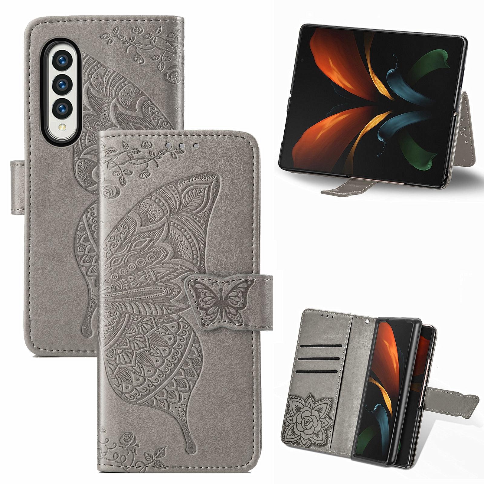 For Samsung Galaxy Z Fold4 5G Embossed Butterfly Love Leather Case - Flower Design - Dark Purple